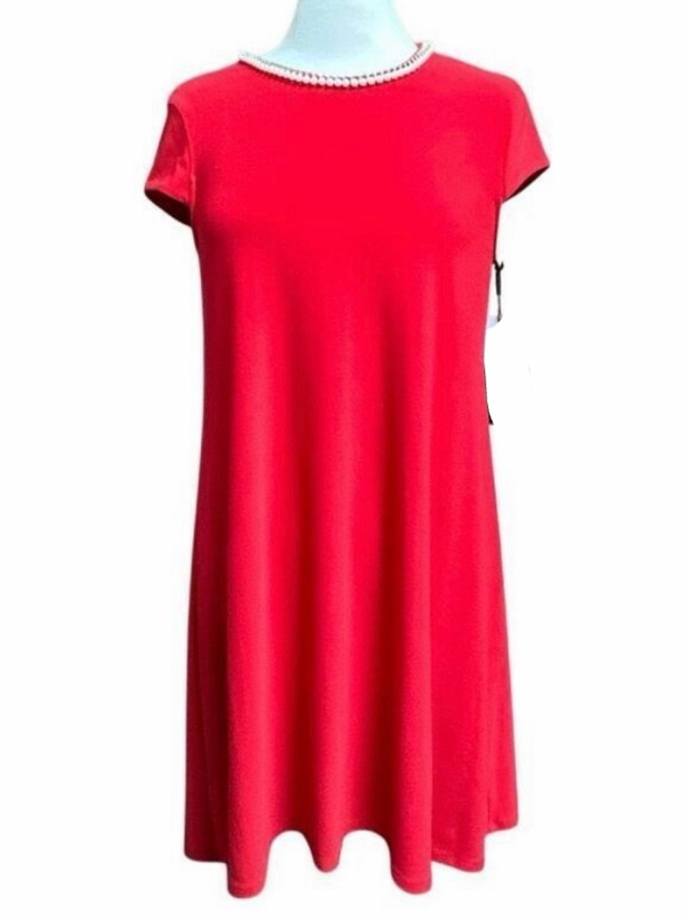 Karl Lagerfeld Red Short-Sleeve Shift Dress with Pearl Trim